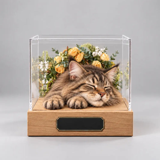 Handmade needle felted sleeping longhair cat replica resting in front of floral decorations inside a protective acrylic shadow box.