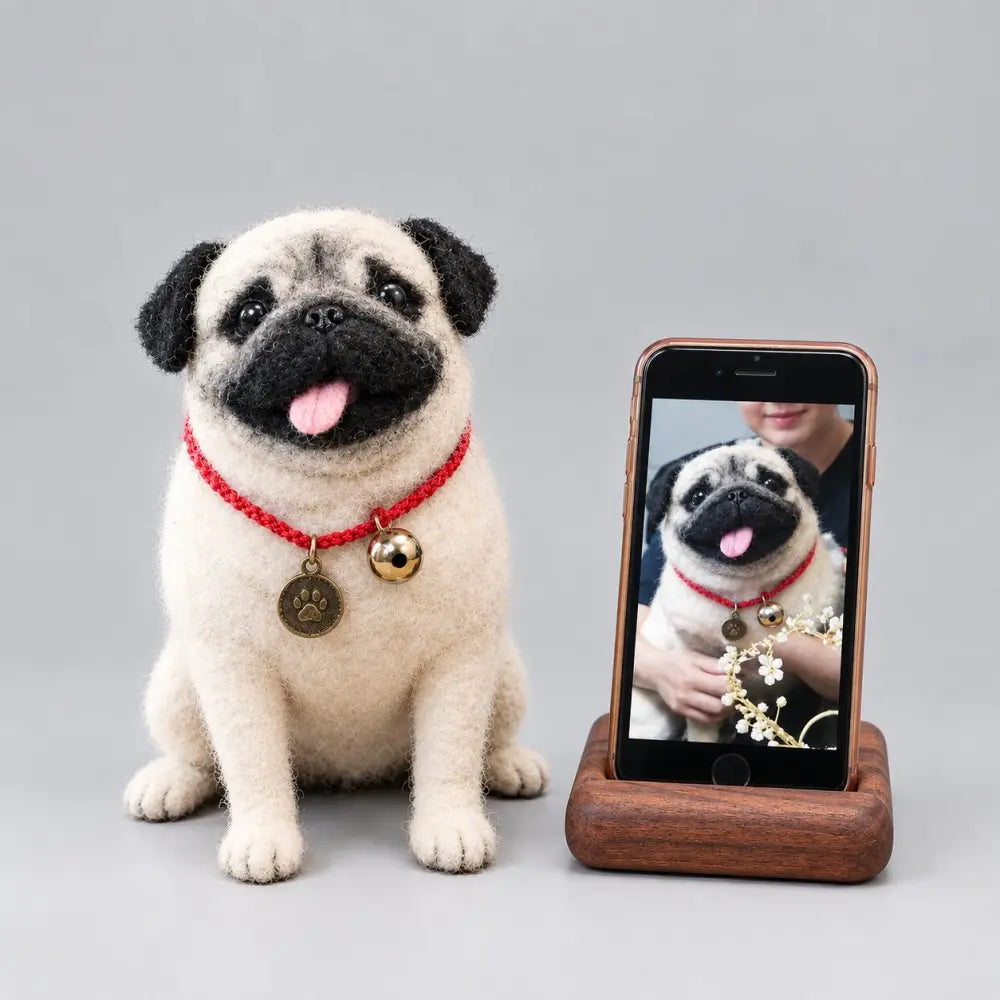 Custom felted pug sculpture wearing a red collar with a bell and paw tag, sitting beside the original dog photo on a phone.