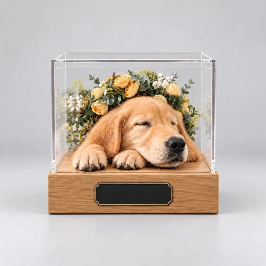 Custom Golden Retriever dog memorial replica sleeping inside a clear acrylic display box with yellow flowers and a wooden base with a nameplate.