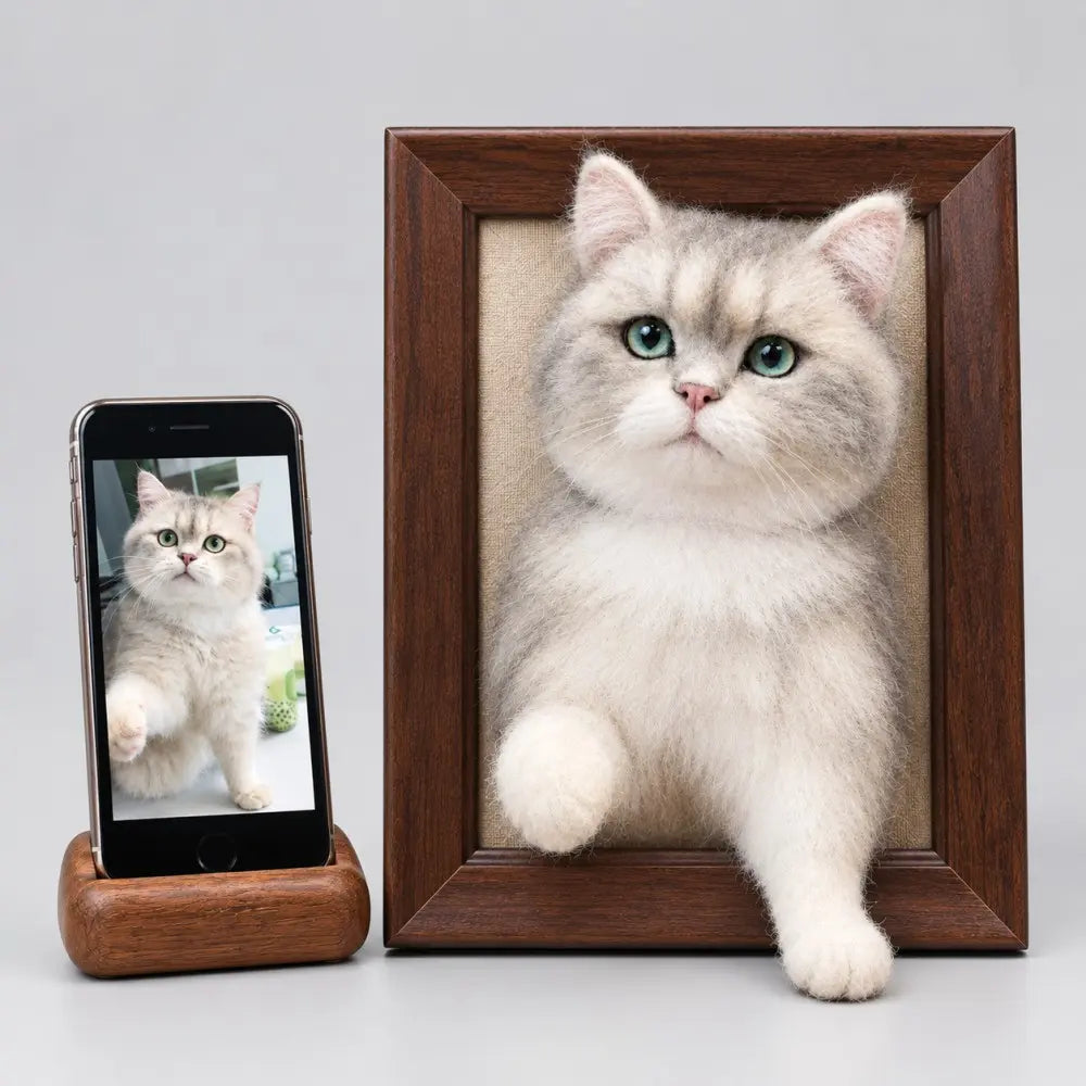 Custom 3D needle felted cat portrait in a wooden frame shown next to reference photo on a smartphone screen