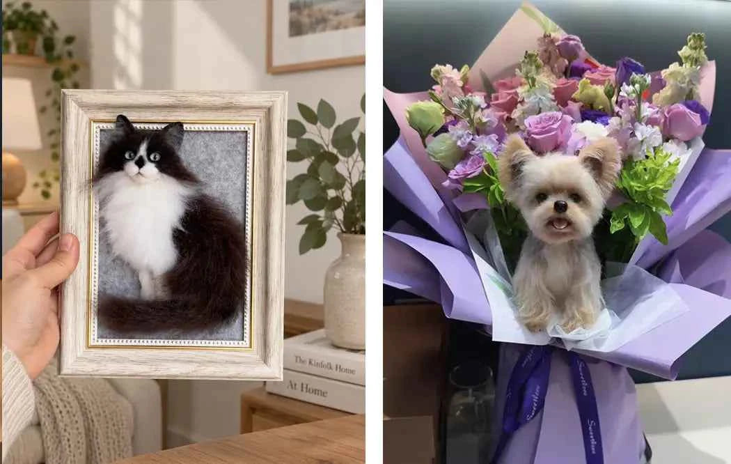 Custom 3D needle felted longhair cat portrait in a white wooden frame alongside a small felt dog sitting inside a purple floral bouquet