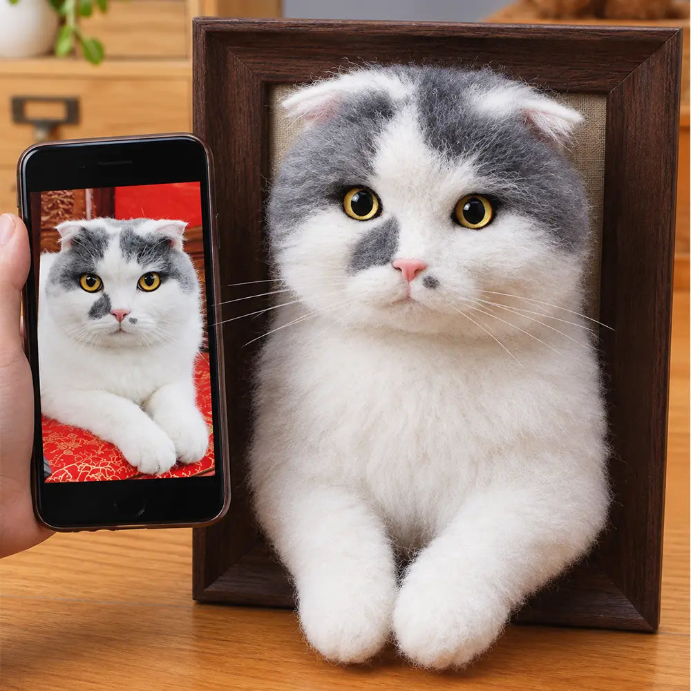 Custom 3D Felted Cat Frame Portrait